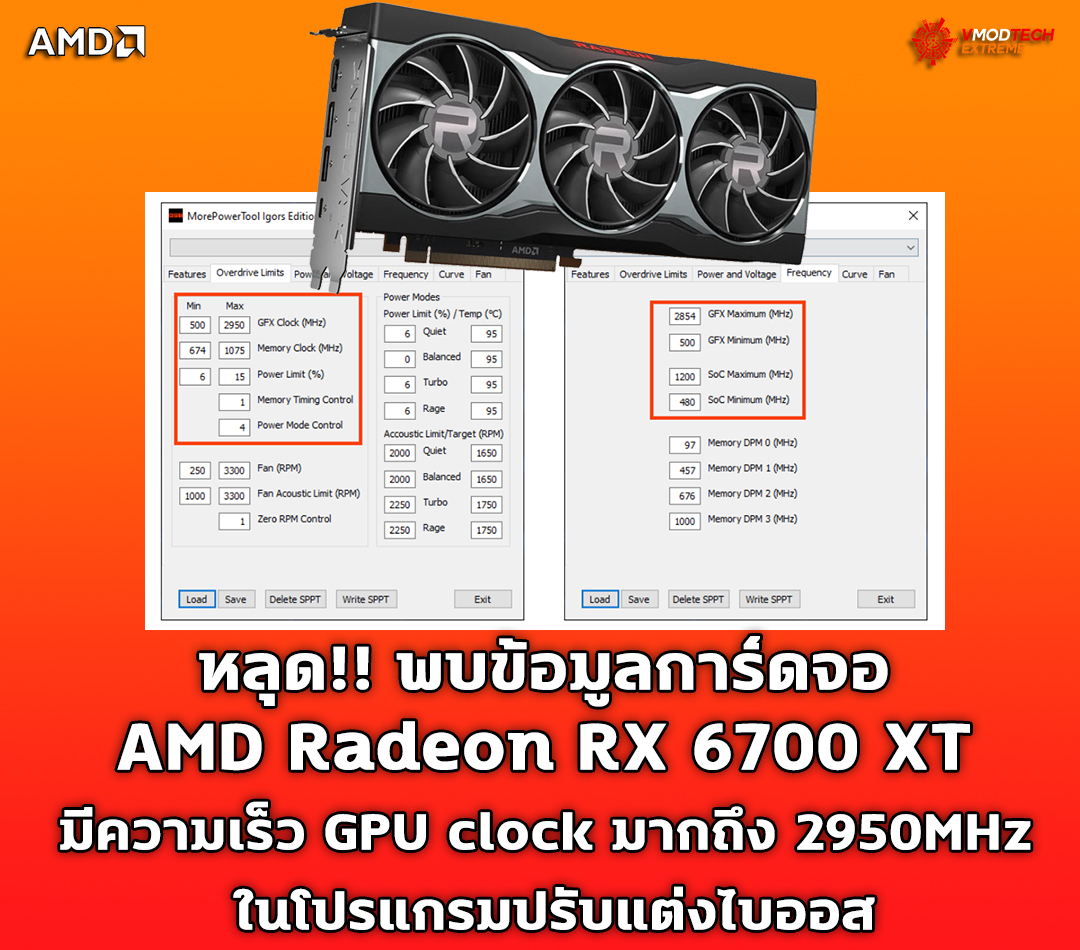 amd radeon rx 6700 xt clock limit พบข้อมูลการ์ดจอ AMD Radeon RX 6700 XT มีความเร็ว GPU clock มากถึง 2950MHz ในโปรแกรมปรับแต่งไบออส