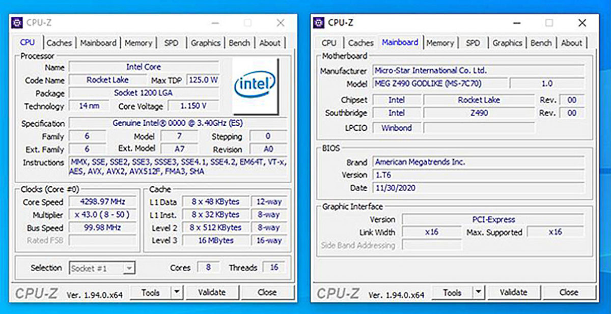 msi intel rocket lake 125w 1200x617 หลุดข้อมูลซีพียู Intel Rocket Lake S รุ่นใหม่ล่าสุด 8C/16T ความเร็ว 4.3Ghz ในหน้า CPU Z 