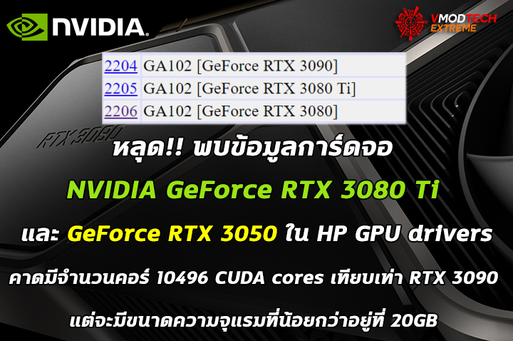 nvidia geforce rtx 3080 ti หลุด!! พบข้อมูลการ์ดจอ NVIDIA GeForce RTX 3080 Ti และ GeForce RTX 3050 ใน HP GPU drivers 