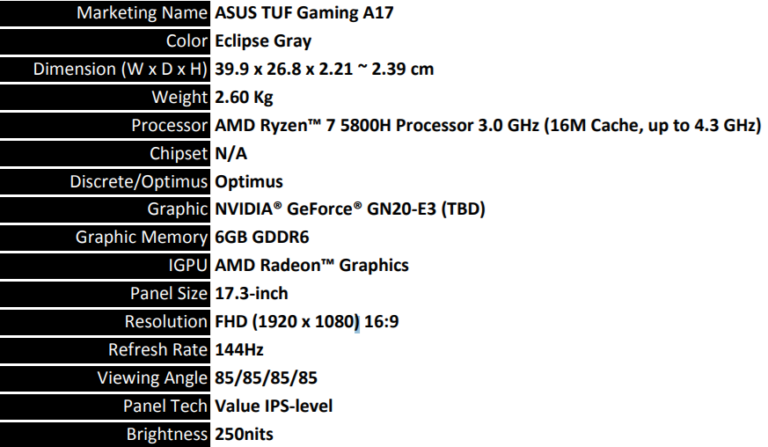 asus tuf a17 rtx3060 ryzen 5800h 768x447 พบข้อมูลซีพียู AMD Ryzen 7 5800H และการ์ดจอ GeForce RTX 3060 รุ่นใหม่ล่าสุดในแล็ปท็อปเกมส์มิ่ง ASUS TUF Gaming A17 คาดเปิดตัวเร็วๆนี้