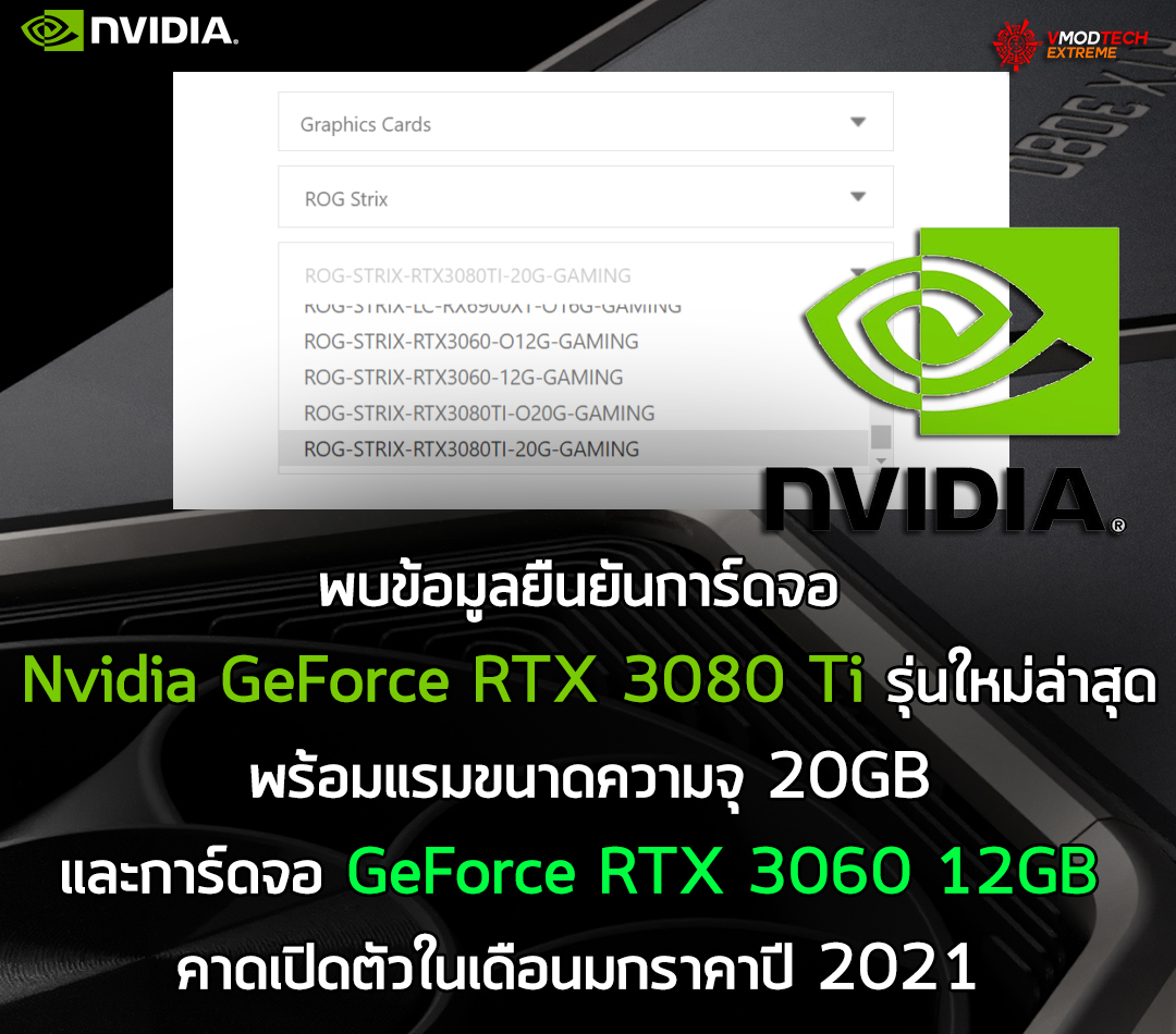nvidia geforce rtx 3080 ti 20gb jan 2021 พบข้อมูลยืนยันการ์ดจอ Nvidia GeForce RTX 3080 Ti รุ่นใหม่ล่าสุดพร้อมแรมขนาดความจุ 20GB คาดเปิดตัวในเร็วๆนี้