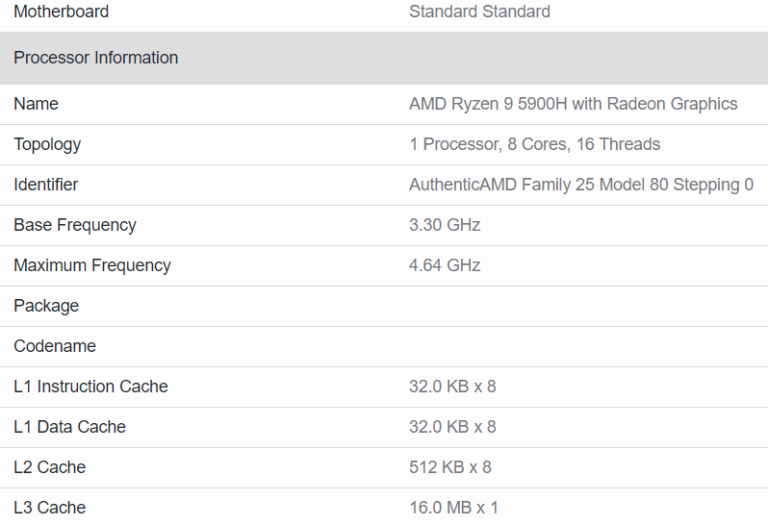 amd ryzen 9 5900h specifications 768x525 หลุดผลทดสอบ AMD Ryzen 9 5900H ประสิทธิภาพแรงกว่า Ryzen 9 4900H มากถึง 25% ในโปรแกรม Geekbench อย่างไม่เป็นทางการ