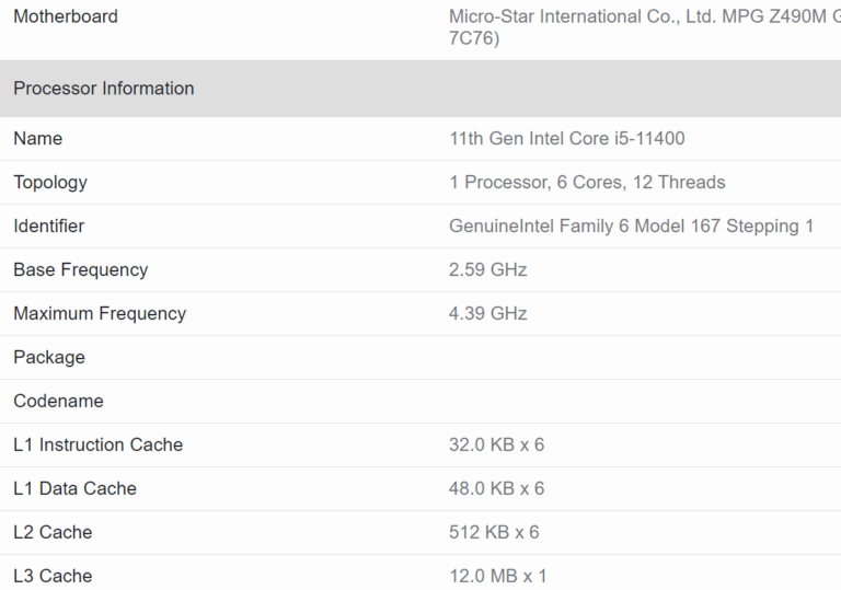 intel-core-i5-11400-geekbench-specs-768x539 intel core i5 11400 geekbench specs 768x539 หลุดผลทดสอบ Intel Core i5 11400 รหัส Rocket Lake S รุ่นใหม่ล่าสุดประสิทธิภาพแรงขึ้น 12% เมื่อเทียบกับ Core i5 10400 รุ่นเก่า