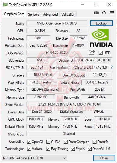 cpuz ASUS KO GeForce RTX 3070 OC Edition 8GB GDDR6 Review
