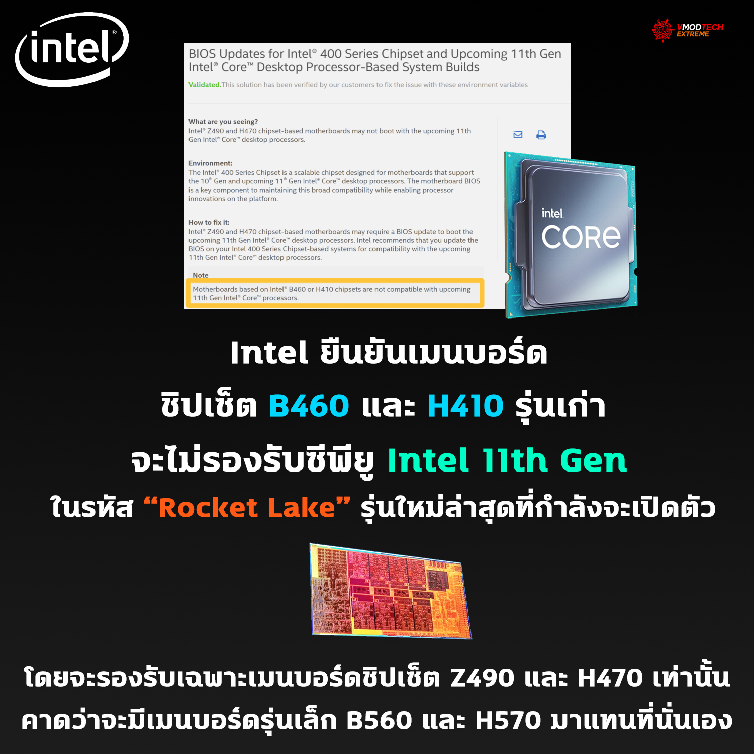 intel confirms b460 and h410 not support 11th gen Intel ยืนยันเมนบอร์ดชิปเซ็ต B460 และ H410 รุ่นเก่าจะไม่รองรับซีพียู Intel 11th Gen ในรหัส Rocket Lake รุ่นใหม่ล่าสุดที่กำลังจะเปิดตัว