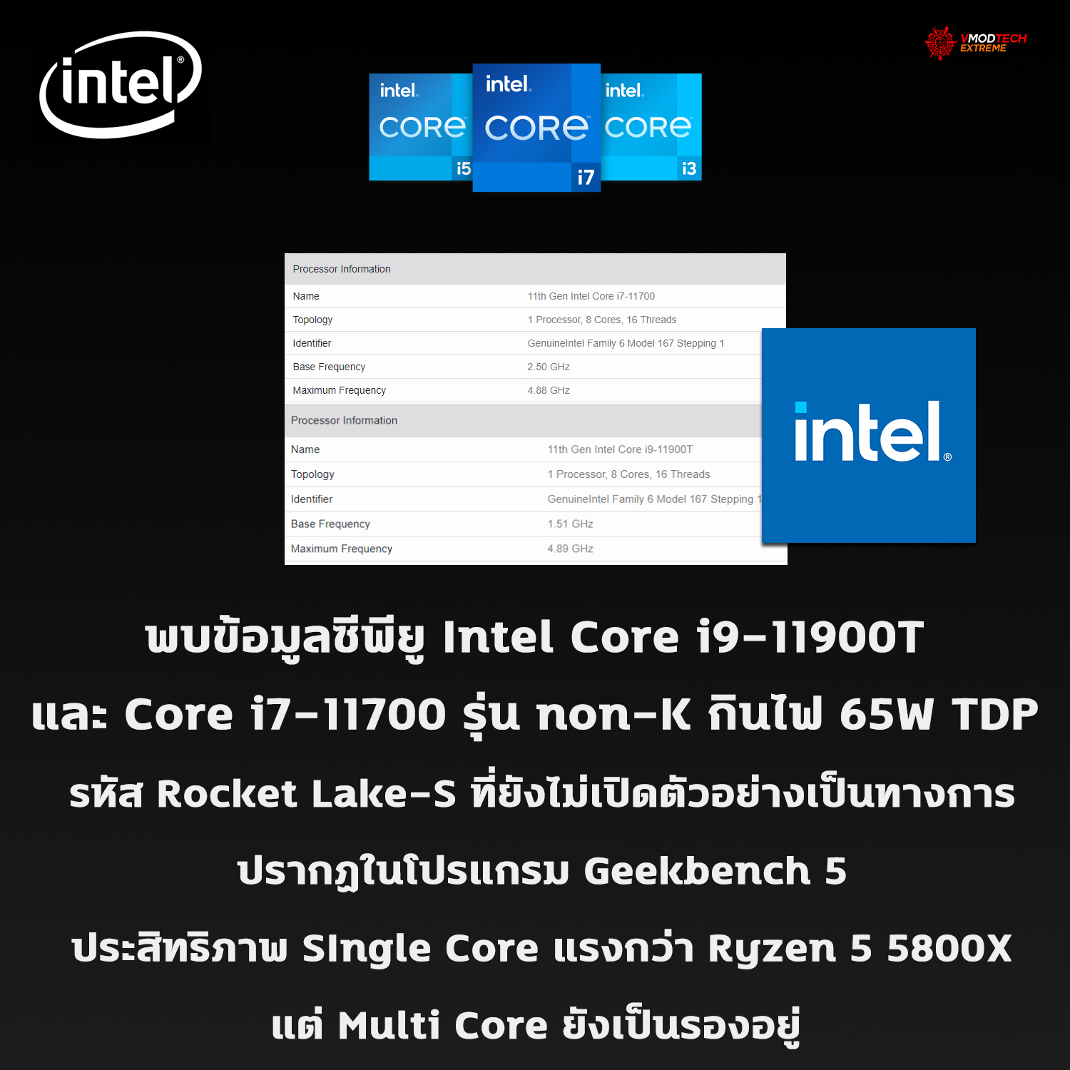 intel core i9 11900t core i7 11700 พบข้อมูลซีพียู Intel Core i9 11900T และ Core i7 11700 รุ่น non K กินไฟ 65W TDP ในรหัส Rocket Lake S ที่ยังไม่เปิดตัวอย่างเป็นทางการปรากฏในโปรแกรม Geekbench