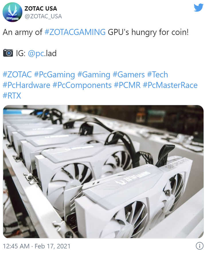 zotac-mining-tweet zotac mining tweet เกมส์เมอร์ไม่ถูกใจสิ่งนี้!! ZOTAC โปรโมตภาพการ์ดจอพร้อมริกขุดเหมืองพร้อมแท็กข้อความ #PcGaming