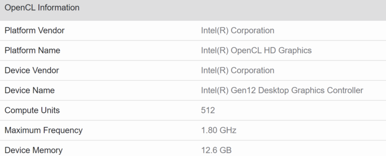 intel dg2 specs geekbench 768x310 พบข้อมูลการ์ดจอ Intel DG2 (Xe HPG) มีจำนวนคอร์ 512 Execution โดยเป็นการ์ดจอในตัวซีพียู Intel Alder Lake S รุ่นที่12