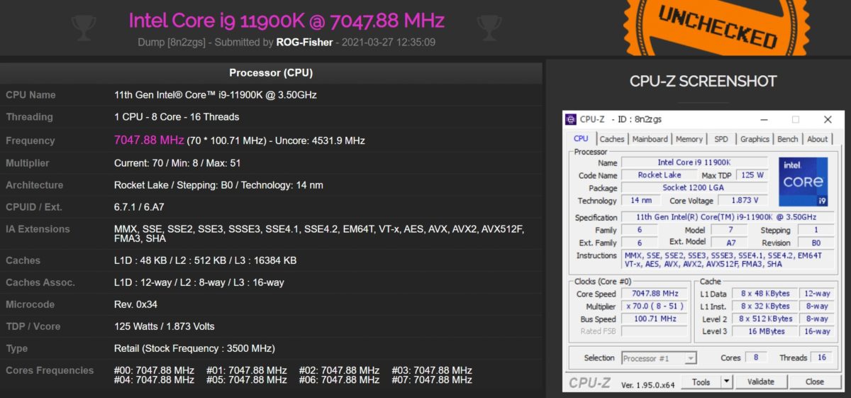 intel core i9 11900k 7ghz 1200x561 หลุดผลทดสอบ Intel Core i9 11900K ถูกโอเวอร์คล๊อกไปที่ความเร็ว 7GHz ไฟเลี้ยง 1.873V
