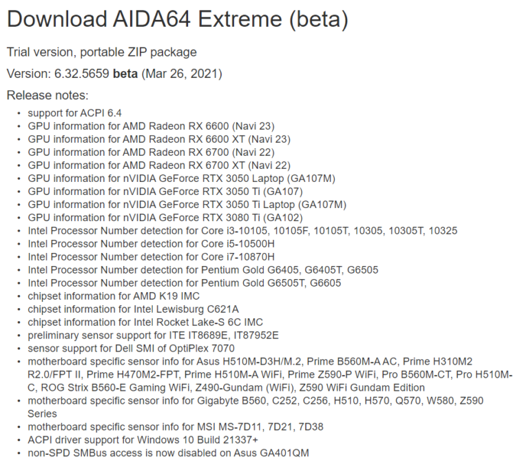 aida64 6325659 beta 768x669 พบข้อมูลการ์ดจอ Nvidia GeForce RTX 3050 Ti และ AMD Radeon RX 6600 XT ในโปรแกรม AIDA64 