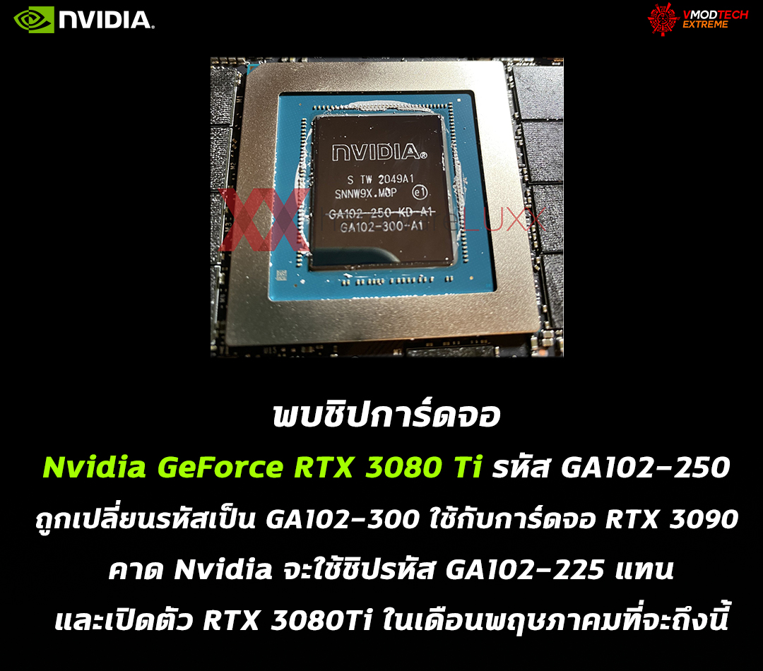 nvidia geforce rtx 3080 ti gpu พบชิปการ์ดจอ Nvidia GeForce RTX 3080 Ti รหัส GA102 250 ถูกเปลี่ยนรหัสเป็น GA102 300 เพื่อมาใช้งานกับการ์ดจอ RTX 3090 