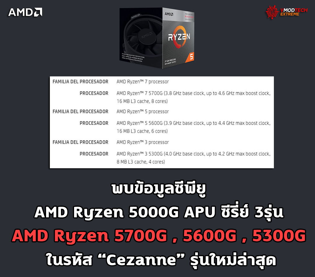 amd-ryzen-5000g-apu amd ryzen 5000g apu พบข้อมูลซีพียู AMD Ryzen 5000G APU ซีรี่ย์ 3รุ่น AMD Ryzen 5700G , 5600G , 5300G ในรหัส Cezanne รุ่นใหม่ล่าสุด