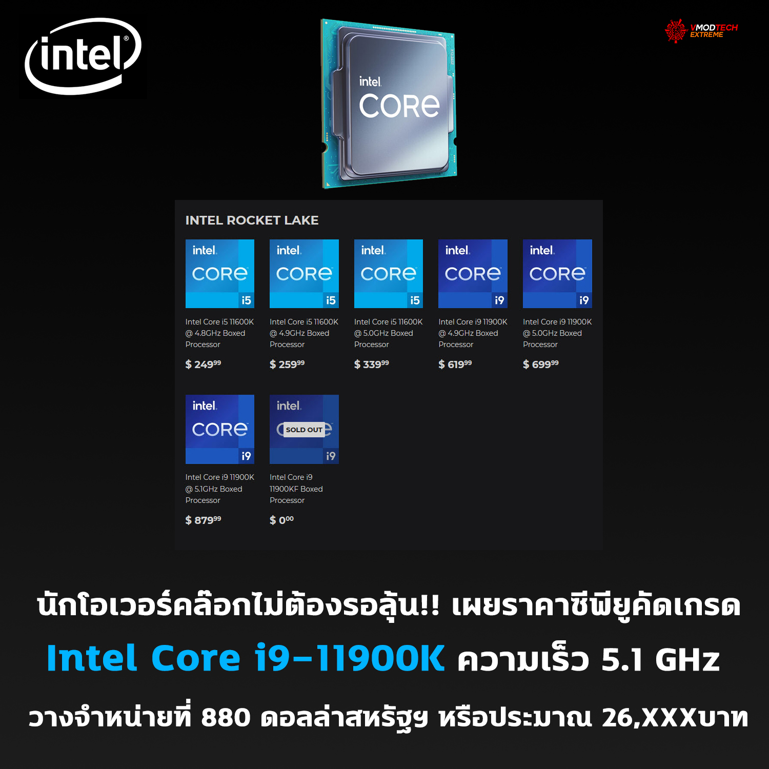 intel core i9 11900k siliconlottery นักโอเวอร์คล๊อกไม่ต้องรอลุ้น!! เผยราคาซีพียูคัดเกรด Intel Core i9 11900K ความเร็ว 5.1 GHz วางจำหน่ายที่ 880 ดอลล่าสหรัฐฯ หรือประมาณ 26,XXXบาท