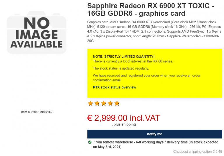 sapphire rx 6900xt toxic extreme proshop 768x536 เปิดราคาการ์ดจอ Sapphire RX 6900 XT TOXIC Extreme ราคาอยู่ประมาณ 2599 ถึง 4160 EUR ยูโรหรือประมาณ 85,XXX   13X,XXXบาทไทย 