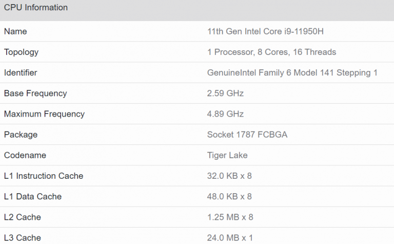 intel tiger lakeh core i9 11950h 768x475 หลุดซีพียู Intel Core i9 11950H ในรหัส “Tiger Lake H” รุ่นท็อปที่ใช้งานในแล็ปท็อป