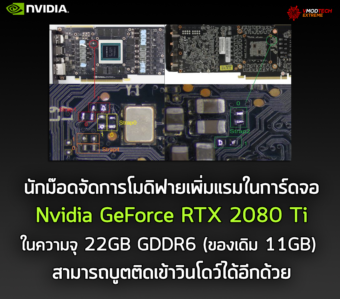 nvidia geforce rtx 2080 ti moded 22gb นักม๊อดจัดการโมดิฟายเพิ่มแรมในการ์ดจอ Nvidia GeForce RTX 2080 Ti ในความจุ 22GB GDDR6 สามารถบูตติดเข้าวินโดว์ได้อีกด้วย