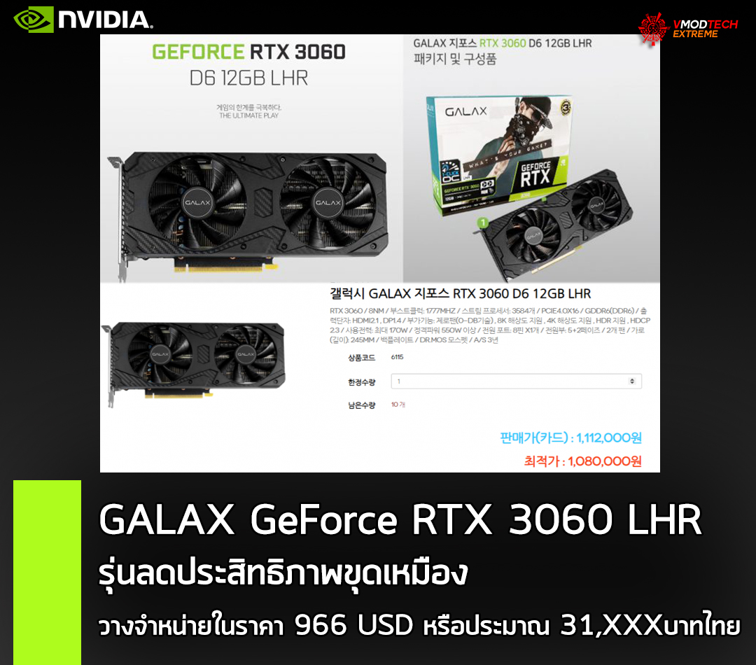 galax geforce rtx 3060 lhr หลุดราคา GALAX GeForce RTX 3060 LHR รุ่นลดประสิทธิภาพขุดเหมือง วางจำหน่ายในราคา 966 USD หรือประมาณ 31,XXXบาทไทย