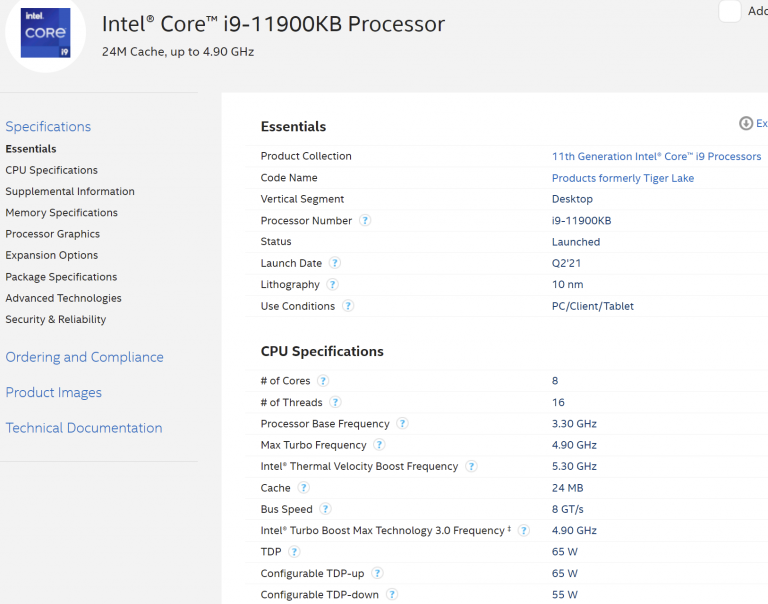 intel core i911900kb 768x604 Intel เปิดตัวซีพียู Intel Tiger Lake รุ่นที่ 11 ขนาดสถาปัตย์ 10nm ในรุ่นเดสก์ท็อป โดยมีรุ่นท็อปสุด Core i9 11900KB และรุ่นอื่นๆ อีกมากมาย