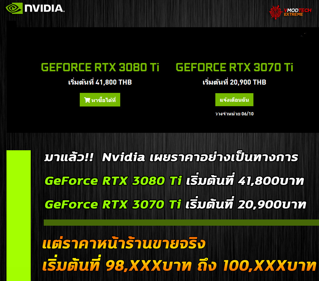 nvidia geforce rtx 3080ti price thb Nvidia เปิดราคาไทยการ์ดจอ NVIDIA GeForce RTX 3080 Ti และ RTX 3070 Ti เริ่มต้นที่ 20,900บาทและ 41,800บาทไทยอย่างเป็นทางการ 