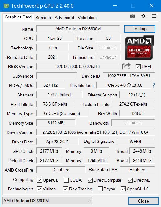 amd radeon rx 6600m specifications หลุดผลทดสอบ AMD Radeon RX 6600M รหัส Navi 23 ที่ใช้งานในแล็ปท็อป