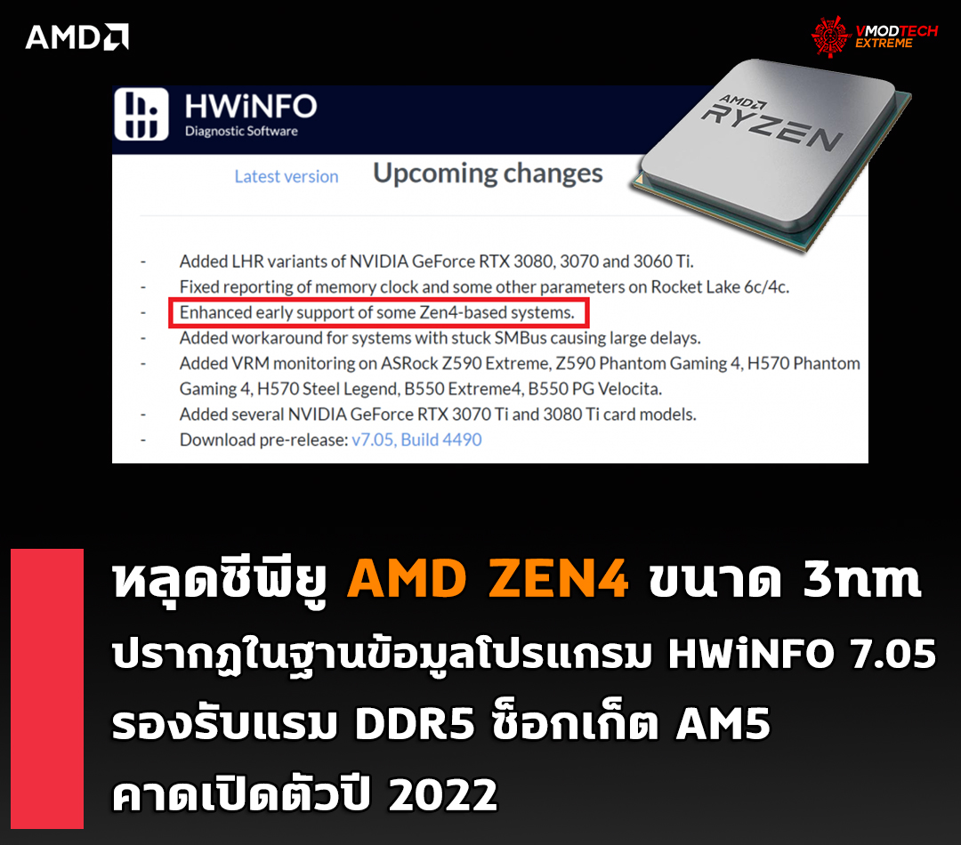 amd zen4 3nm มาเร็วกว่าที่คิด!! ซีพียู AMD ZEN4 ปรากฏในฐานข้อมูลโปรแกรม HWiNFO 7.05 คาดเปิดตัวปี 2022 