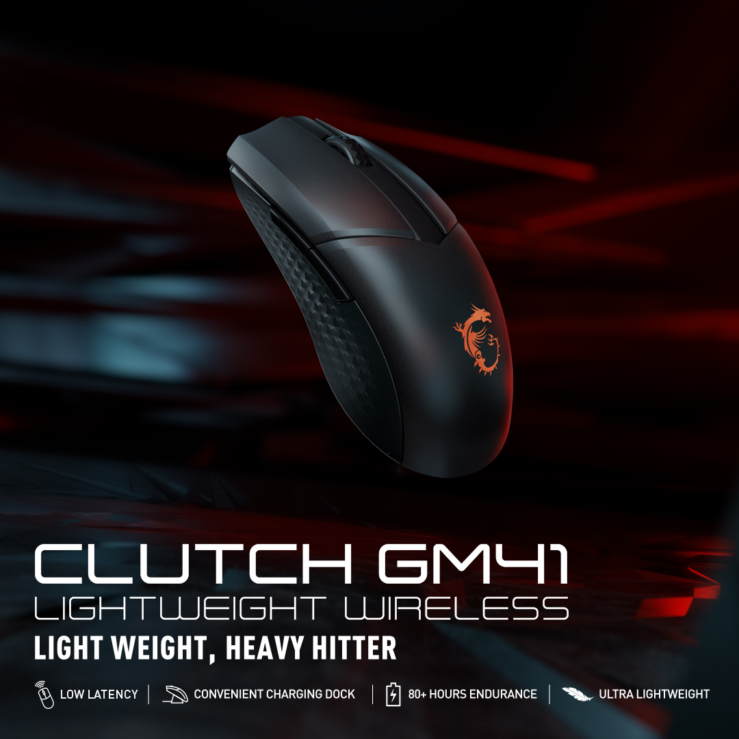 0b4566e9 facebook post 1080x1080 ต่อยหนัก, น้ำหนักเบา กับเกมมิ่งเมาส์รุ่นใหม่ล่าสุด MSI CLUTCH GM41 LIGHTWEIGHT WIRELESS เกมมิ่งเมาส์ไร้สายน้ำหนักเบาพิเศษที่สร้างขึ้นสำหรับเล่นเกม FPS เป็นครั้งแรก