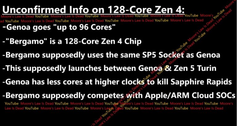 amd bergamo epyc sp5 128 cores mlid 768x409 ลือ!! AMD อาจจะเปิดตัวซีพียู ZEN3 ขนาด 12nm ที่เป็น APU รุ่นใหม่รุ่นประหยัดพลังงานในรหัส “Monet” ใช้การ์ดจอ RDNA2 ในตัว  