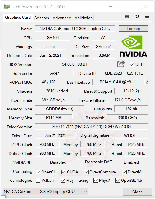 gpuz 1 Acer Nitro 5 AN515 45 AMD Ryzen 5 5600H + Nvidia Geforce RTX 3060 Review