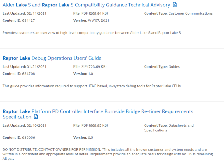 intel raptor lake leak1 768x561 Intel ส่งข้อมูลซีพียู Intel Alder Lake รุ่นที่12 และ Intel Raptor Lake รุ่นที่ 13 ในข้อมูล PCH ต่อองค์กร SATA IO เรียบร้อยแล้ว 