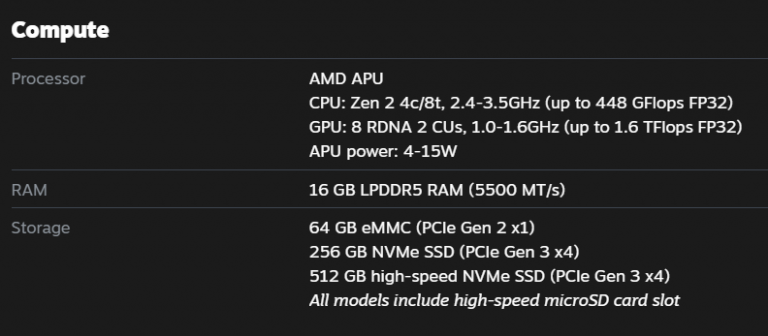 steam deck specs 768x336 Valve เปิดตัว Steam Deck เครื่องเล่นเกมส์พกพารุ่นใหม่ล่าสุดที่มาพร้อมขุมพลังซีพียู AMD Zen2 และการ์ดจอ RDNA2 