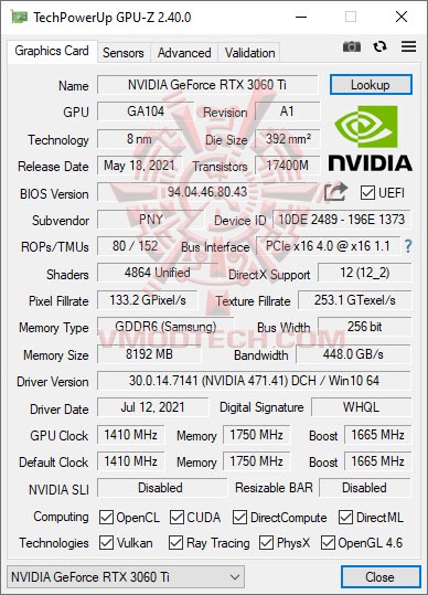 gpuz PNY GeForce RTX 3060 Ti 8GB UPRISING Dual Fan LHR Review