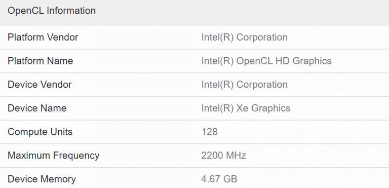 intel xe hpg dg2 128 768x371 การ์ดจอ Intel Xe HPG DG2 128EU รุ่นใหม่เผยให้เห็นข้อมูลความเร็วสูงถึง 2.2Ghz กันเลยทีเดียว 