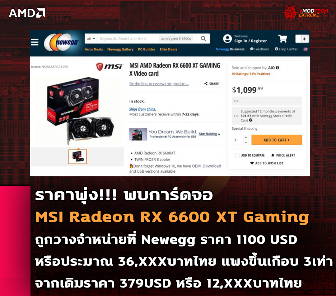 msi radeon rx 6600 xt gaming price 1100usd พบการ์ดจอ MSI Radeon RX 6600 XT Gaming ถูกวางจำหน่ายแล้วที่ Newegg ในราคา 1100 USD หรือประมาณ 36,XXXบาทไทย