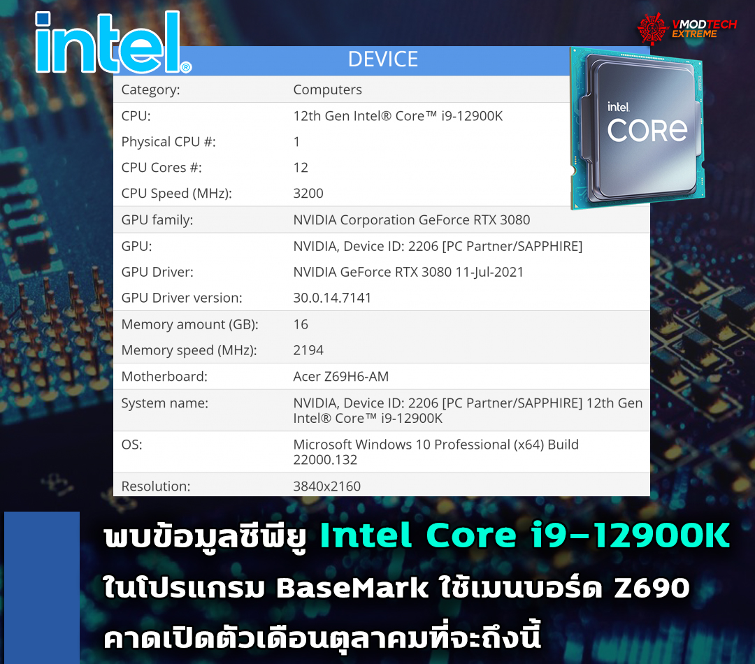 intel core i9 12900k basemark พบข้อมูลซีพียู Intel Core i9 12900K รุ่นใหม่ล่าสุดในการทดสอบโปรแกรม BaseMark 