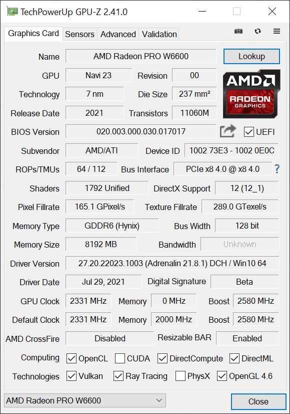amd radeon rx 6600 non xt 1 พบข้อมูลจำลองประสิทธิภาพการ์ดจอ AMD Radeon Pro W6600 เป็นรุ่น RX 6600 non XT ที่ยังไม่เปิดตัวคาดว่ามีประสิทธิภาพใกล้เคียง GeForce RTX 3060
