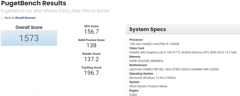 intel core i9 12900k pugetbenchmark 2 768x310 หลุดผลทดสอบ Intel Core i9 12900K ที่ใช้งานคู่กับเมนบอร์ด ASUS ROG Strix Z690 E รุ่นใหม่ล่าสุดอย่างไม่เป็นทางการ 