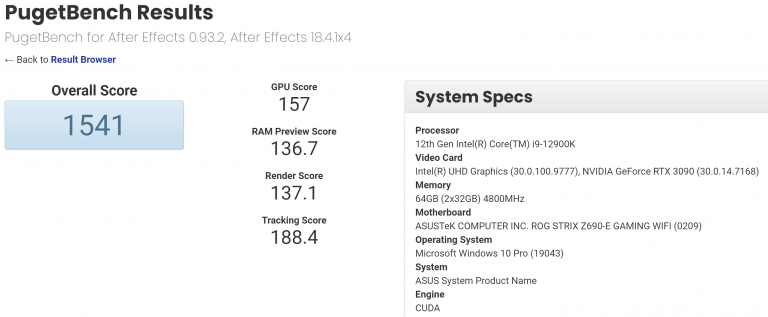 intel core i9 12900k pugetbenchmark 3 768x317 หลุดผลทดสอบ Intel Core i9 12900K ที่ใช้งานคู่กับเมนบอร์ด ASUS ROG Strix Z690 E รุ่นใหม่ล่าสุดอย่างไม่เป็นทางการ 