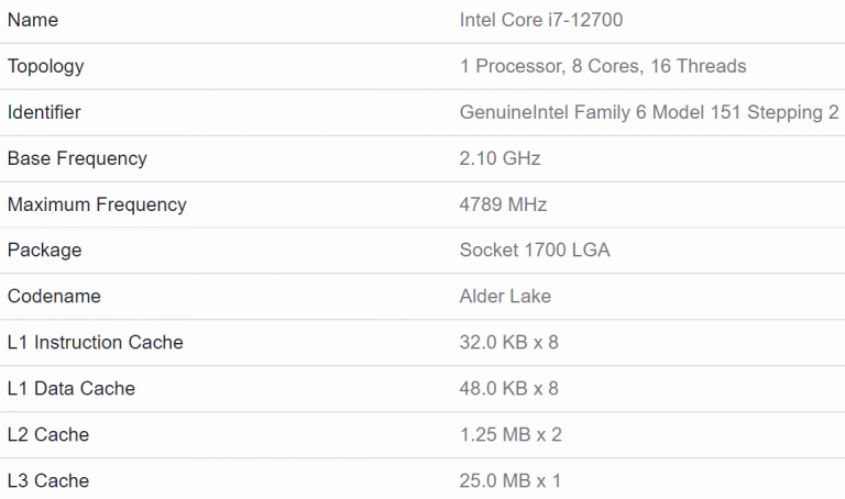 intel core i7 12700 specs 768x454 พบข้อมูลซีพียู Intel Alder Lake KF Series รุ่นไม่มีการ์ดจอในตัวปรากฏในรุ่น Core i9 12900KF ,  i7 12700KF และ i5 12600KF พร้อมผลทดสอบ Core i7 12700 รุ่น non K ประสิทธิภาพแรงกว่า Ryzen 7 5800X 