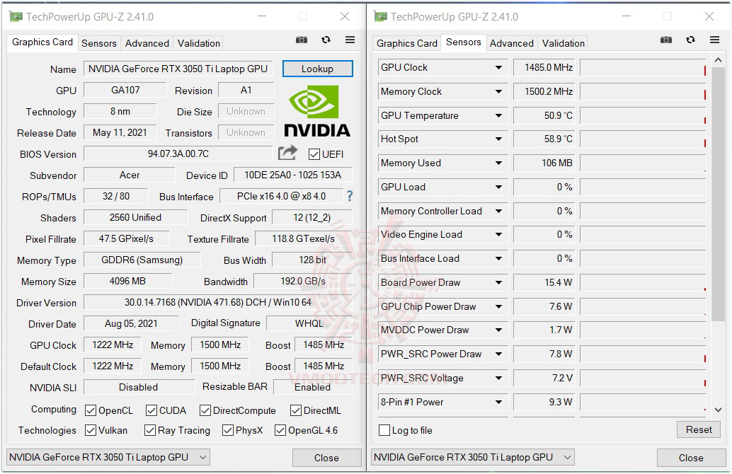 gpuz Acer Nitro 5 AN515 57 Core i7 11800H + RTX 3050 Ti Review