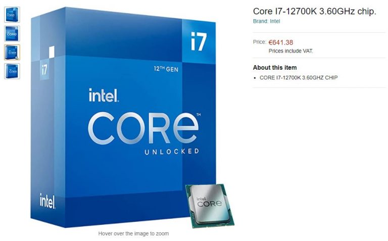 intel core i7 12700k amazon 768x477 พบข้อมูลซีพียู Intel Core i9 12900K รหัส Alder Lake รุ่นที่ 12 ใหม่ล่าสุดเริ่มวางขายแล้วอยู่ที่ราคา 847 EUR ยูโร รวมภาษี 21% ใน Amazon ที่ประเทศเนเธอร์แลนด์
