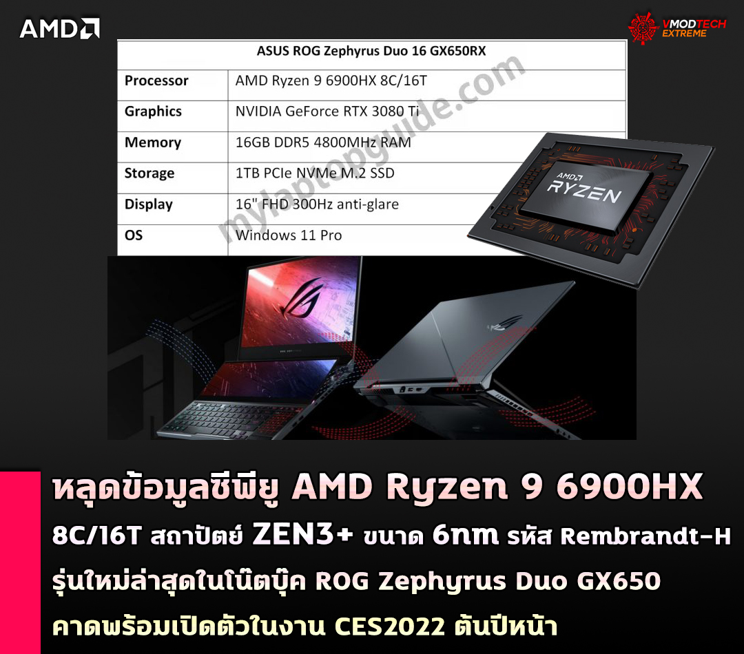 หลุดข้อมูลซีพียู AMD Ryzen 9 6900HX 8C/16T สถาปัตย์ ZEN3+ รุ่นใหม่ล่าสุดในโน๊ตบุ๊ค ROG Zephyrus Duo GX650 คาดพร้อมเปิดตัวเร็วๆ นี้ 