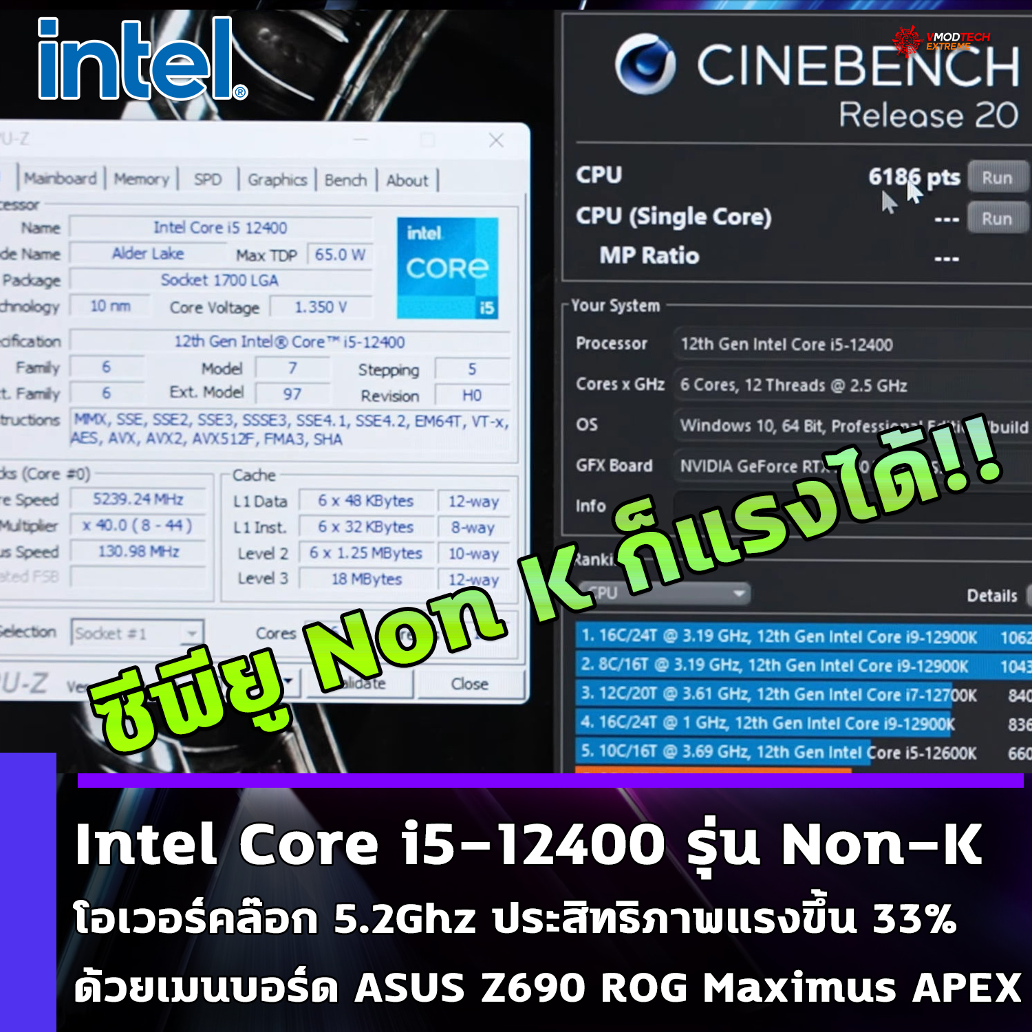 intel-core-i5-12400-oc-5200mhz intel core i5 12400 oc 5200mhz ปลดล๊อกความแรงซีพียู Intel Core i5 12400 รุ่น Non K โอเวอร์คล๊อกไปที่ความเร็ว 5.2Ghz ประสิทธิภาพเรนเดอร์แรงขึ้น 33% ด้วยเมนบอร์ด ASUS Z690 ROG Maximus APEX