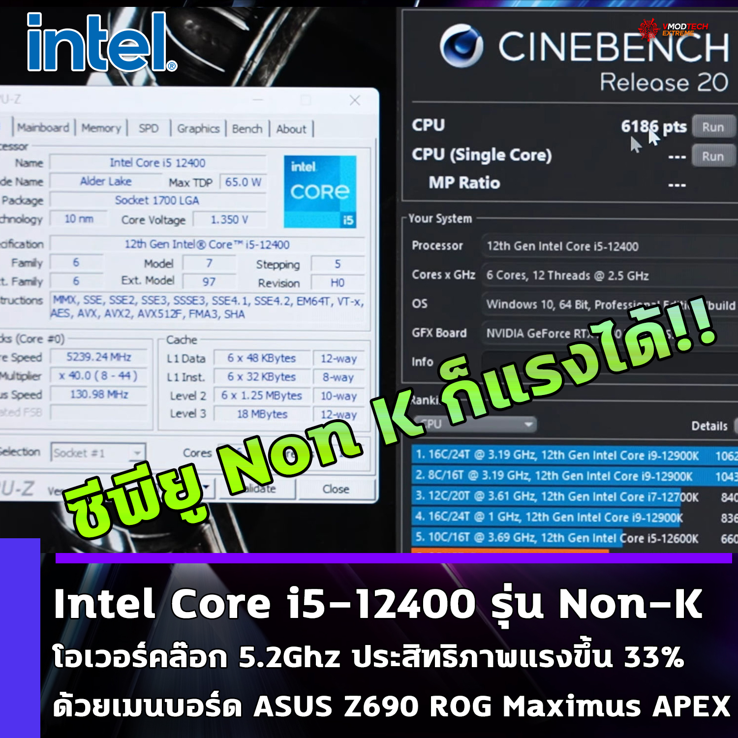intel core i5 12400 oc 5200mhz ปลดล๊อกความแรงซีพียู Intel Core i5 12400 รุ่น Non K โอเวอร์คล๊อกไปที่ความเร็ว 5.2Ghz ประสิทธิภาพเรนเดอร์แรงขึ้น 33% ด้วยเมนบอร์ด ASUS Z690 ROG Maximus APEX