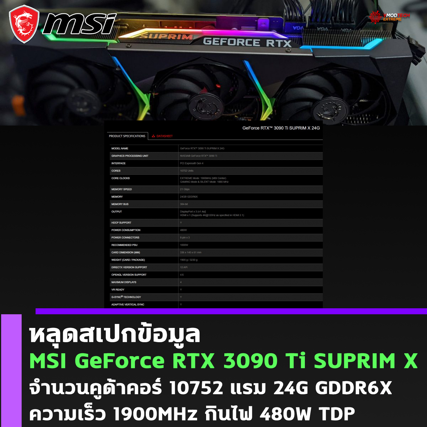 msi-geforce-rtx-3090-ti-suprim-x msi geforce rtx 3090 ti suprim x หลุดสเปกข้อมูล MSI GeForce RTX 3090 Ti SUPRIM X รุ่นใหม่ตัวท็อปความเร็ว 1900MHz boost clock กินไฟ 480W TDP