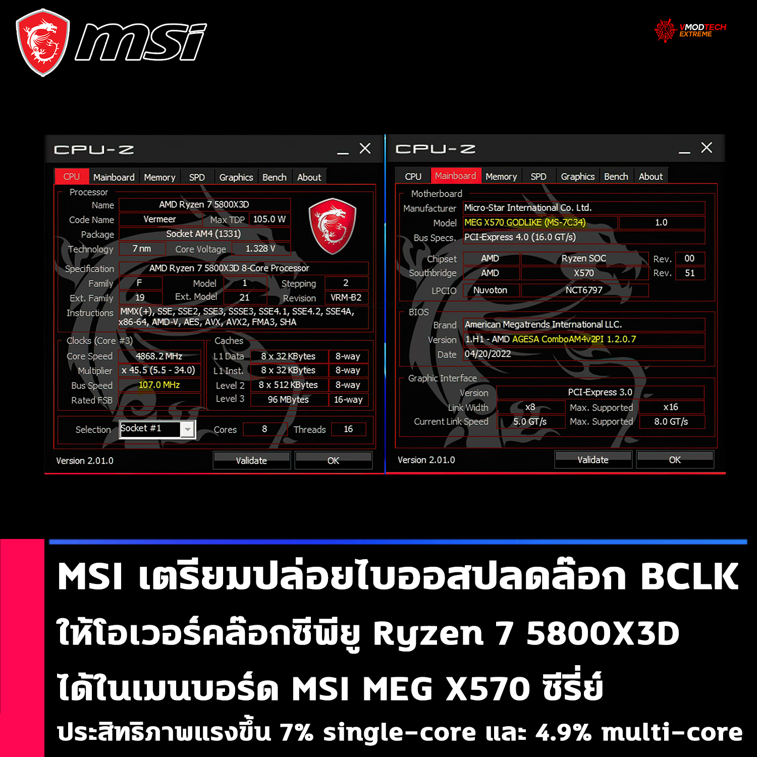 msi-enable-ryzen-7-5800x3d-bclk msi enable ryzen 7 5800x3d bclk MSI เตรียมปล่อยไบออสปลดล๊อก BCLK ให้โอเวอร์คล๊อกซีพียู Ryzen 7 5800X3D ได้ในเมนบอร์ด MSI MEG X570 ซีรี่ย์ประสิทธิภาพแรงขึ้น 7% single core และ 4.9% multi core