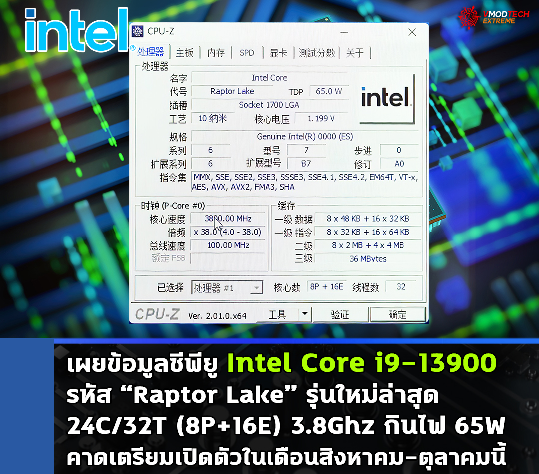 intel core i9 13900 raptor lake 65w เผยข้อมูลซีพียู Intel Core i9 13900 รหัส “Raptor Lake” มีจำนวนคอร์ 24C/32T กินไฟ 65W 