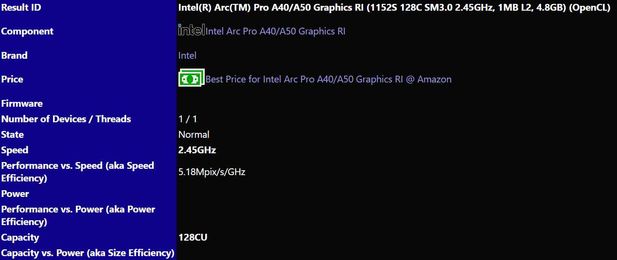 arc a40a50 pro พบข้อมูลการ์ดจอ Intel Arc Pro A50/A40 รุ่น workstation มาพร้อมสเปกจำนวนคอร์ 1024 cores แรม 6GB 