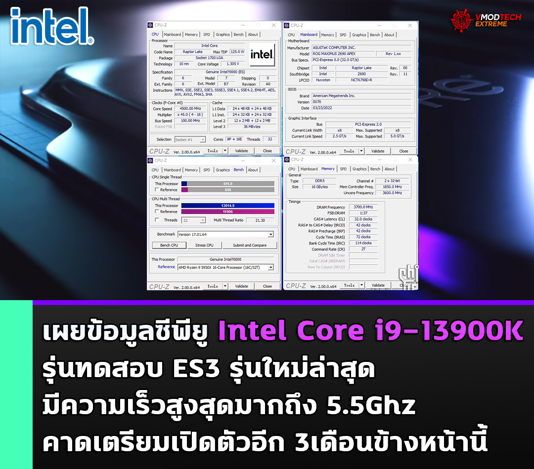 intel core i9 13900k raptor lake 13th gen 5500mhz เผยข้อมูลซีพียู Intel Core i9 13900K รุ่นทดสอบ ES3 รุ่นใหม่ล่าสุดมีความเร็วสูงสุดมากถึง 5.5Ghz กันเลยทีเดียว 