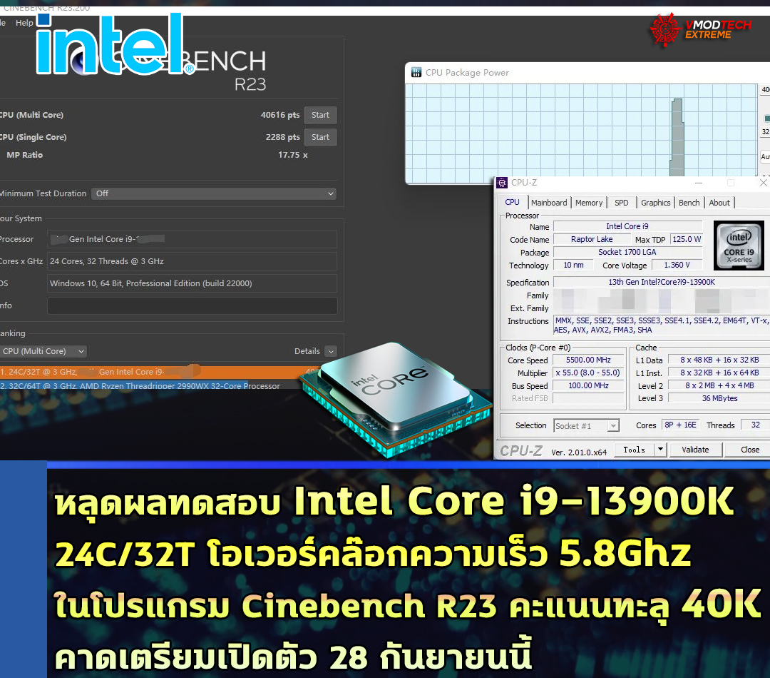 intel-core-i9-13900k-cine23-benchmark intel core i9 13900k cine23 benchmark หลุดผลทดสอบ Intel Core i9 13900K โอเวอร์คล๊อกความเร็ว 5.8Ghz ในโปรแกรม Cinebench R23 คะแนนทะลุ 40K