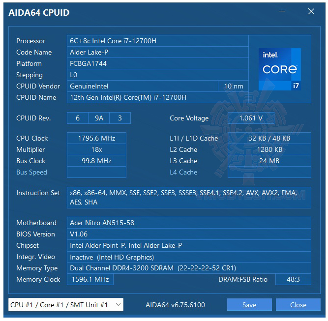 aida64 Acer Nitro 5 Intel 12th Gen Review